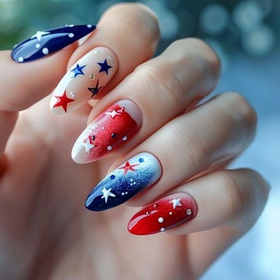 24Pcs 4th of July Press on Nails Short Almond Independence Day False Nails-4