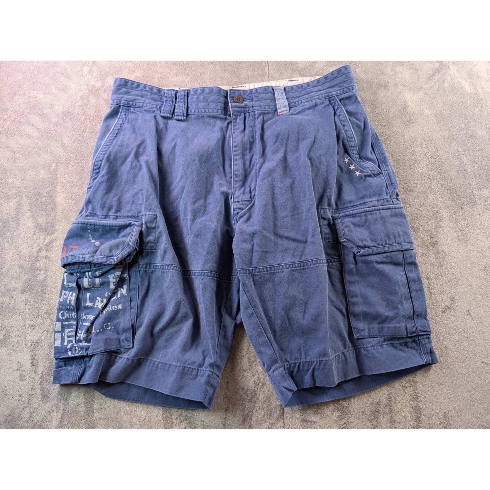 Polo Ralph Lauren Mens Blue Cotton Cargo Shorts Graphic Star Detail Size 34