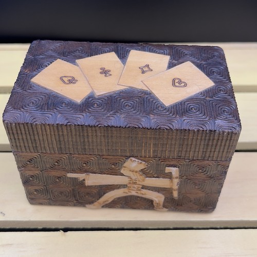 Vintage Hand Carved Wood Playing Cards Box Storage Case Rare And Unique
