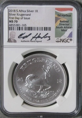 2018 South Africa 1 R Silver Krugerrand NGC MS 70 First Day Of Issue Signed #642