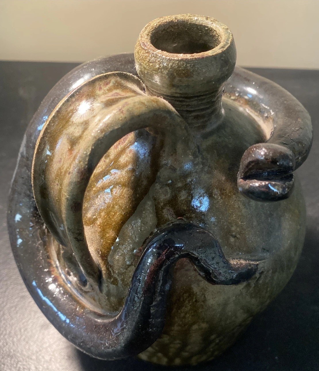 VTG Folk Art Primitive Creepy Flask Pottery Snake Jug Brown Glaze Marvin Bailey