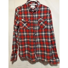 Denim & Flower Mens XL Red Plaid Flannel Shirt Long Sleeve Button Up Slim Fit