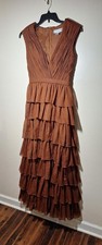 398 Ieena for Mac Duggal Plunge Neck Ruffle Tiered Nutmeg Sprakly Gown sz 4