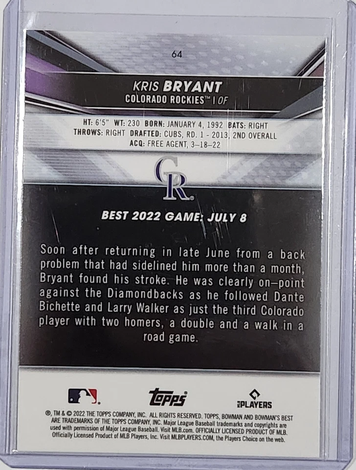 2022 Bowman's Best KRIS BRYANT #64 Colorado Rockies - Image 2 of 2