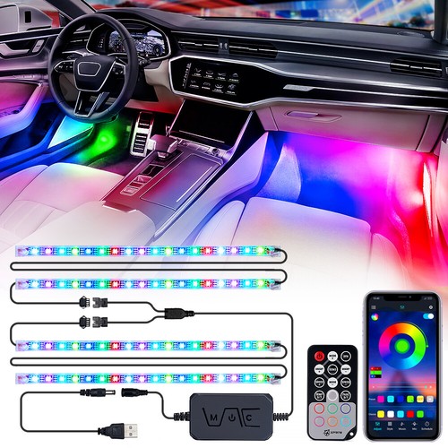4 PIEZAS 72 LED Tira de luz de neón atmósfera interior de automóvil control remoto y Bluetooth - Imagen 8 de 9