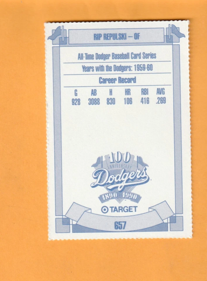 Rip Repulski Los Angeles Dodgers 1990 Target #657 Sauk Rapids Minnesota - Image 2 of 2