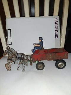 VTG Antique Arcade Cast Iron Toy Farm Wagon made in the USA With Driver & Horses