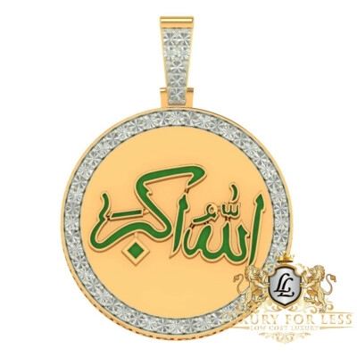 Real Genuine Diamond Allahu Akbar Muslim Islamic Pendent Charm Medallion 2''