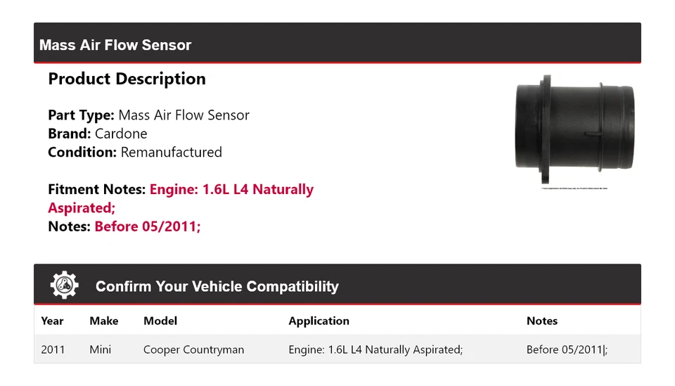 适用于 2011 Mini Cooper Countryman MAF 传感器 Cardone — 第 2/4 张图片
