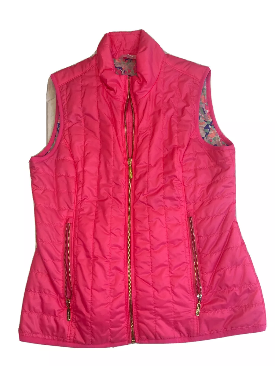 Lilly Pulitzer Skylar Flamingo Pink Vest Jacket Gold Zippers Womans Medium