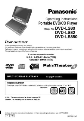 Panasonic DVD-LS80 DVD-LS82 DVD-LS850 DVD Player Owners Instruction Manual 