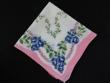 Vintage Cotton Floral Hankie Blue Roses Pink Border H321