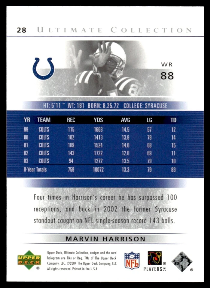 2004 Upper Deck Ultimate Collection Marvin Harrison /750 Indianapolis Colts #28 - Image 2 of 2