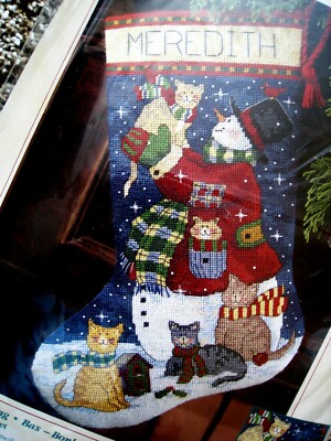 Christmas Dimensions Needlepoint Stocking Kit,SNOWMAN AND KITTIES,Winget,9127,16