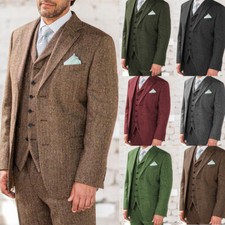 Tweed Men's Suit Vintage 3Pcs Herringbone Business Workwear Formal Blazers
