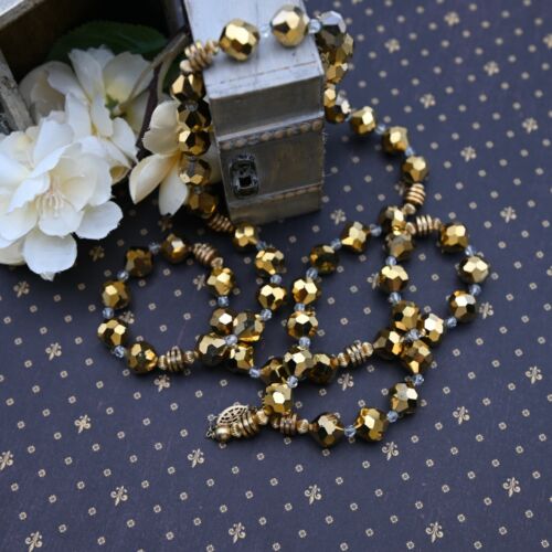 Vintage Gold Metallic Kristall Facettiert Gold Perle 36 Zoll Halskette
