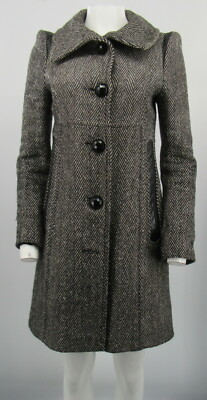 Mackage Herringbone Tweed Wool Blend Dress Coat w/ Leather Trim sz XS