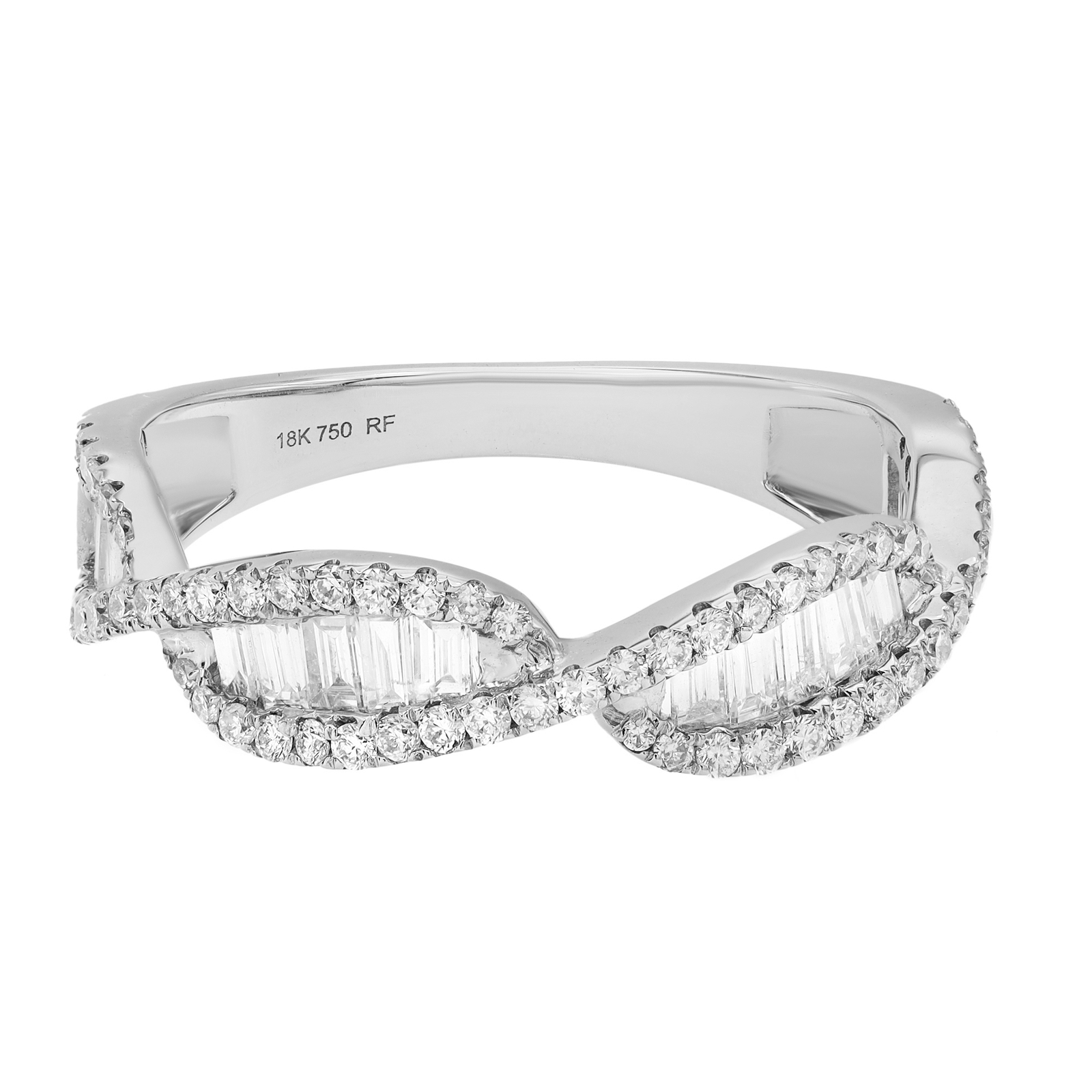 Кольцо с бриллиантом багетной и круглой огранки Twist Band из белого золота 18 карат весом 0,84 карата, размер 6,75