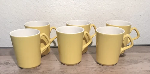 Vintage Homer Laughlin Large Set of 6 Yellow Mugs D Handle USA