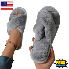 Cross Warm Fluffy Furry Slippers Women Flat Heels Fur Slides Autumn Winter Open