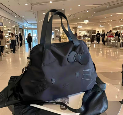 Hello Kitty Black Tote Bag Zip Top Bow & Whisker w Detachable Adjustable Strap