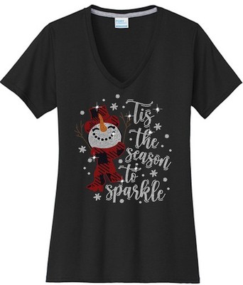 Christmas Snowman Tis The Season Women's Shirt Ladies V-neck Bling Sparkle