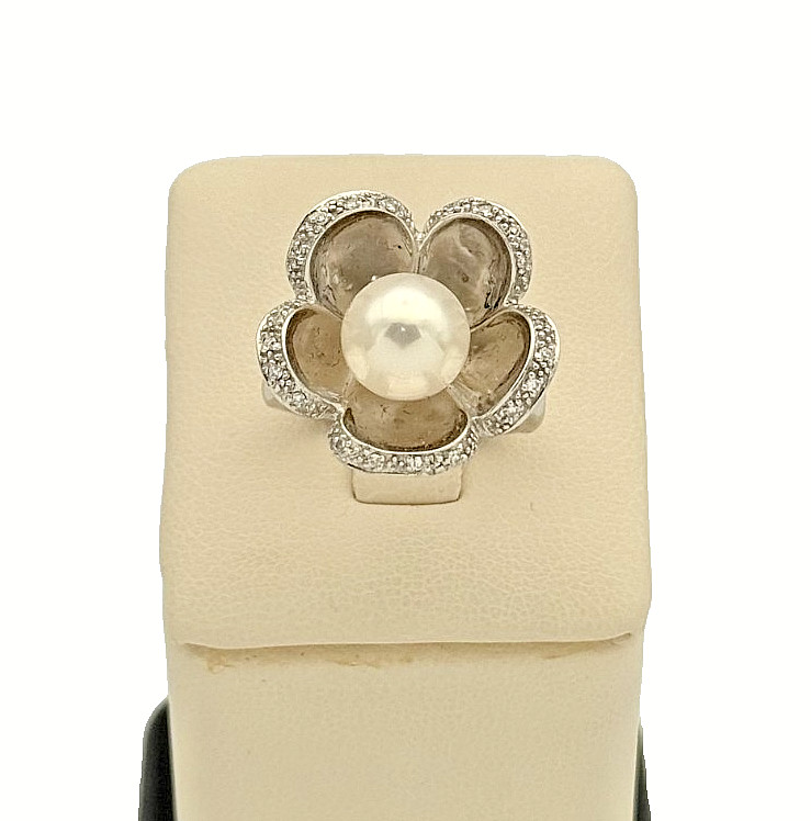 925 Sterling Silver Blister Pearl Diamond Flower Ring Size 7.25