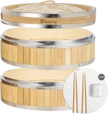11.8-Inch Vertical Bamboo Steamer Basket, 2-Tier with Stainless Steel Rings | 50
