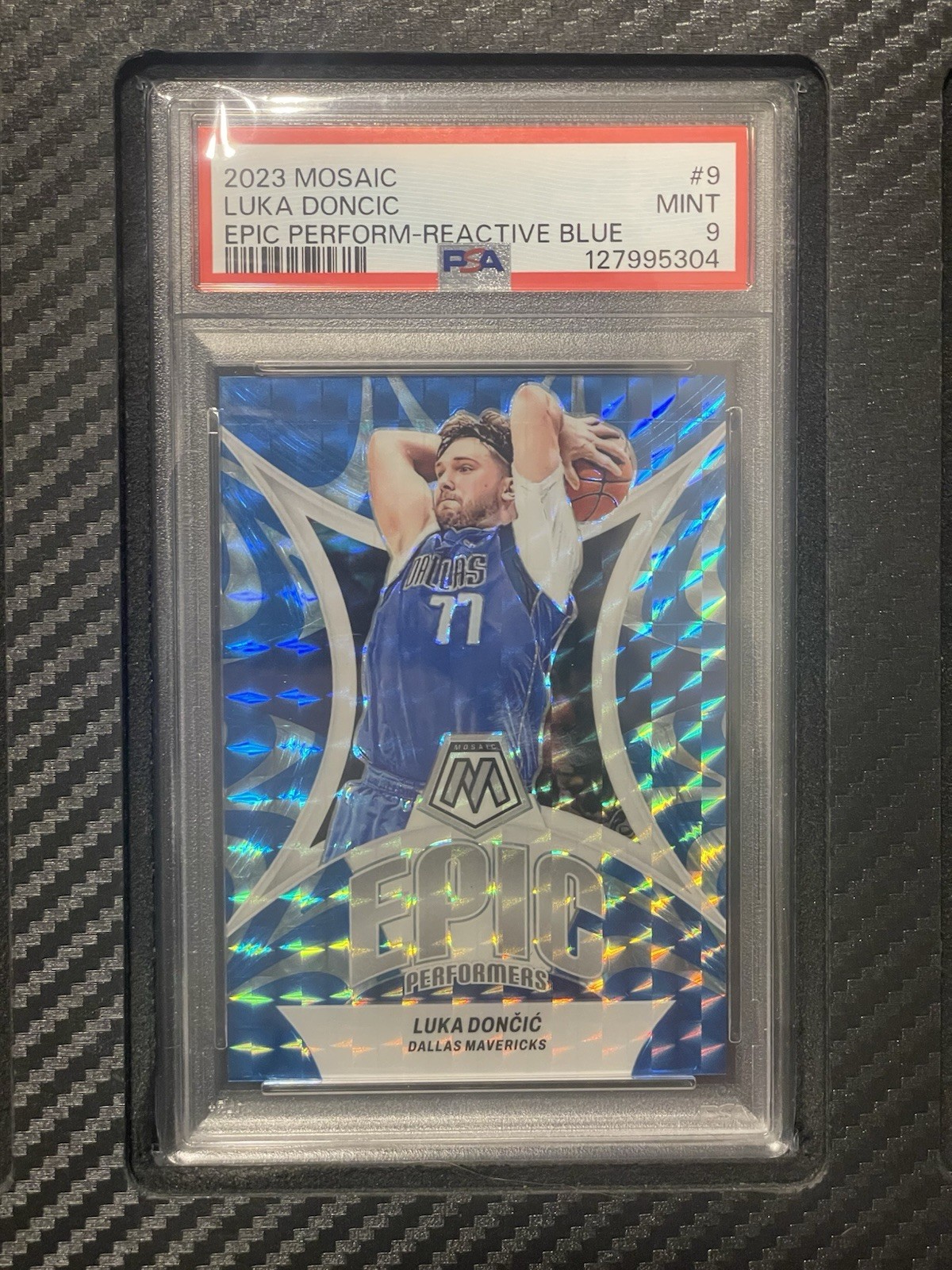 2023 PSA 9 Luka Doncic #9 Epic Performers Blue Reactive Mosaic Prizm #’d/99 NBA