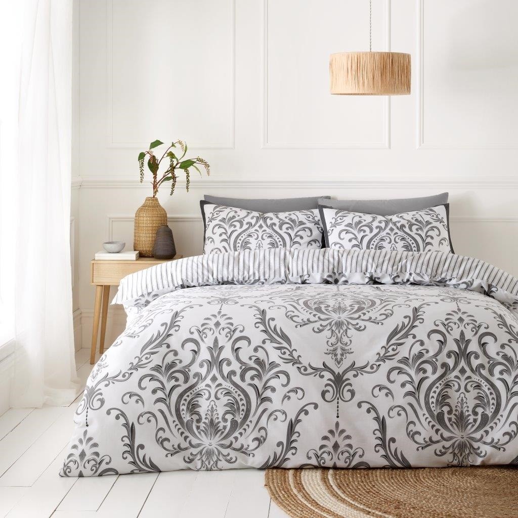 Empire Damask Duvet Cover Reversible Striped King Quilt Bedding Bed Set Charcoal