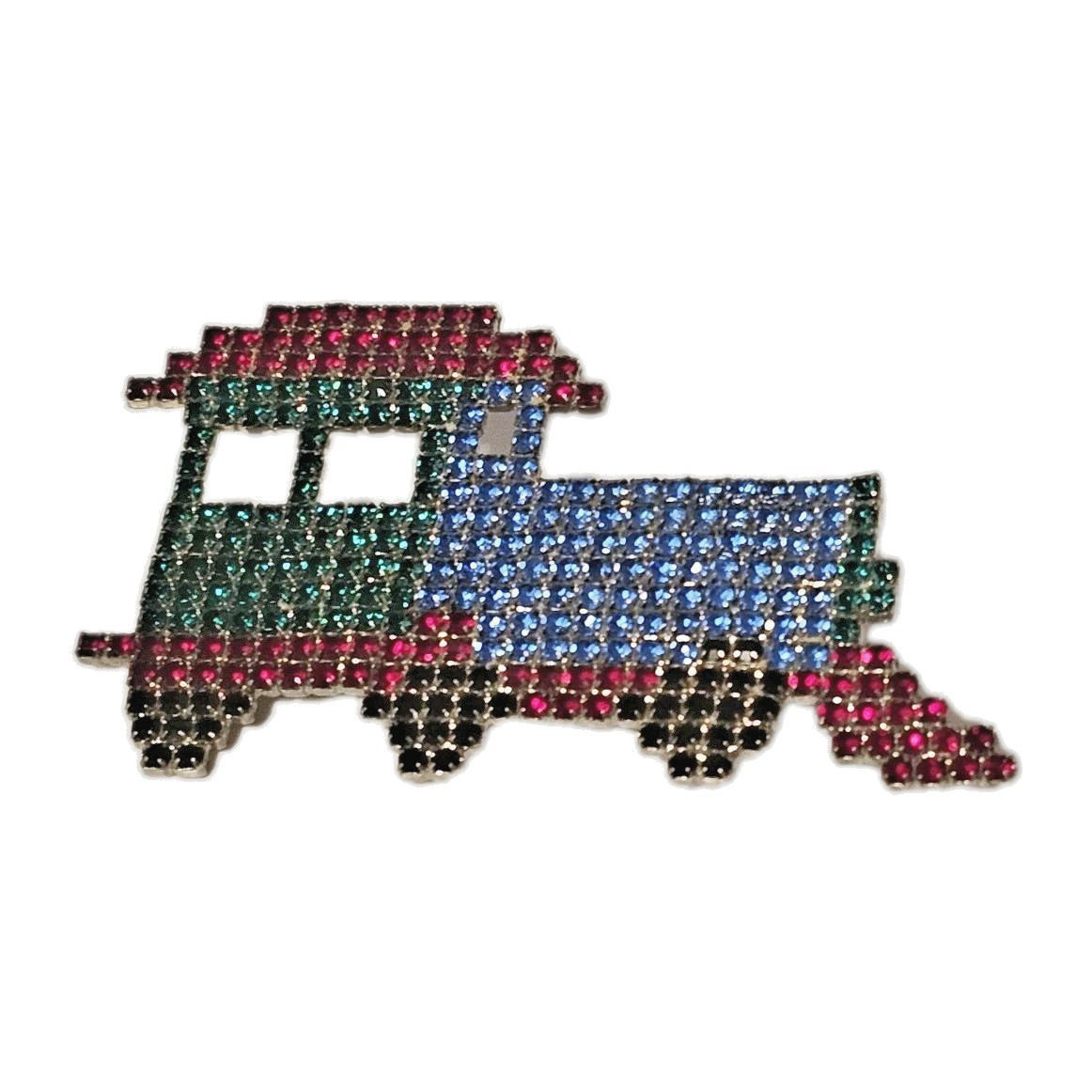 Train Engine Brooch Rhinestone Prong Set Grid Red… - image 1