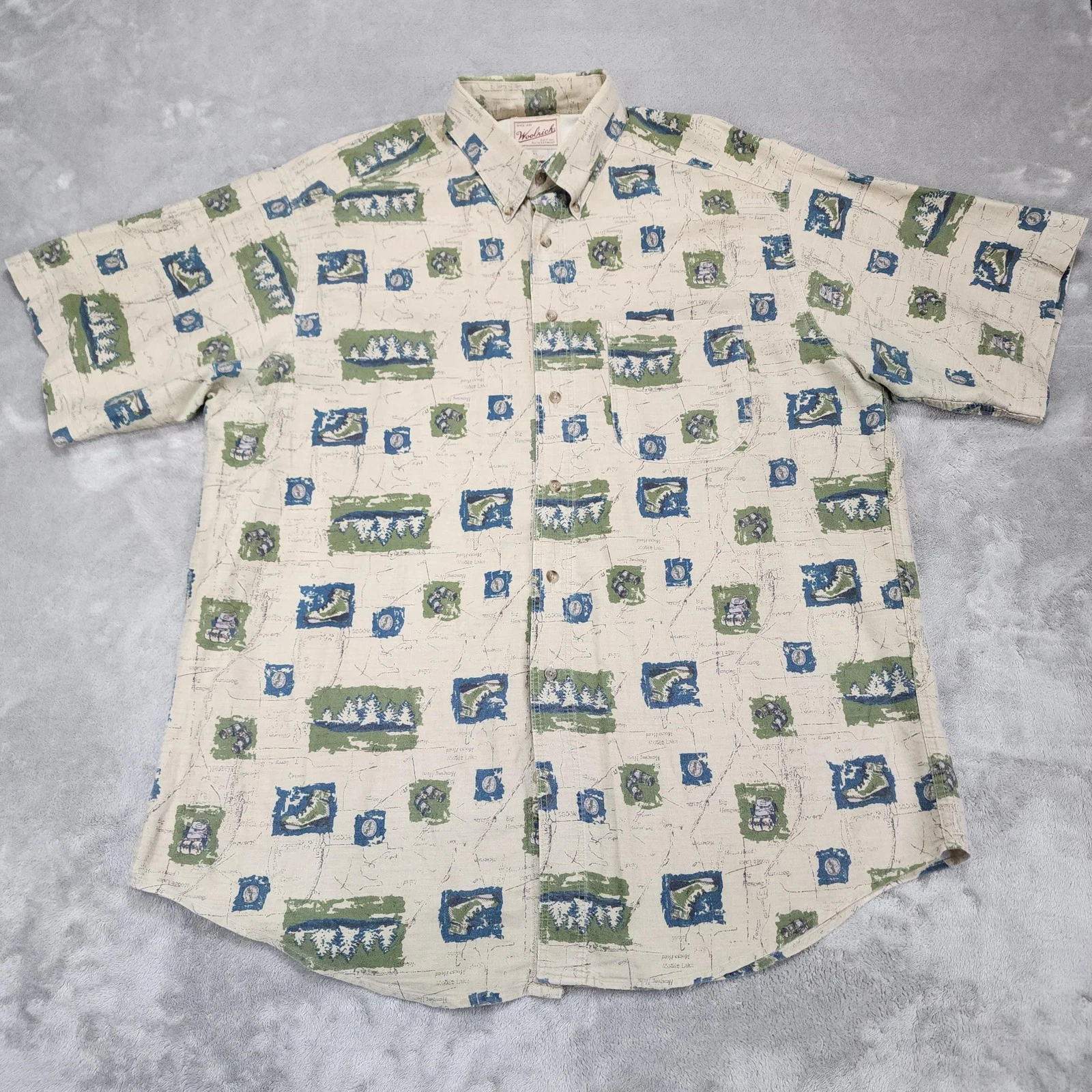 Woolrich Shirt Mens XL Beige Map Print Button Front USA Short Sleeve Camping