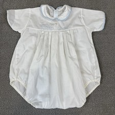 Vintage Pastels Baby Boy Bubble Romper Train Embroidery Blue Gingham Trim 3M