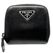 PRADA Coin Case Saffiano Leather Compact Mini Wallet Black Triangle Logo Small