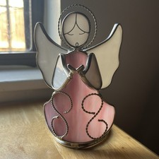 Stained Glass Angel Pink White Tea Light Candle Holder Spiritual Home Decor 6  H