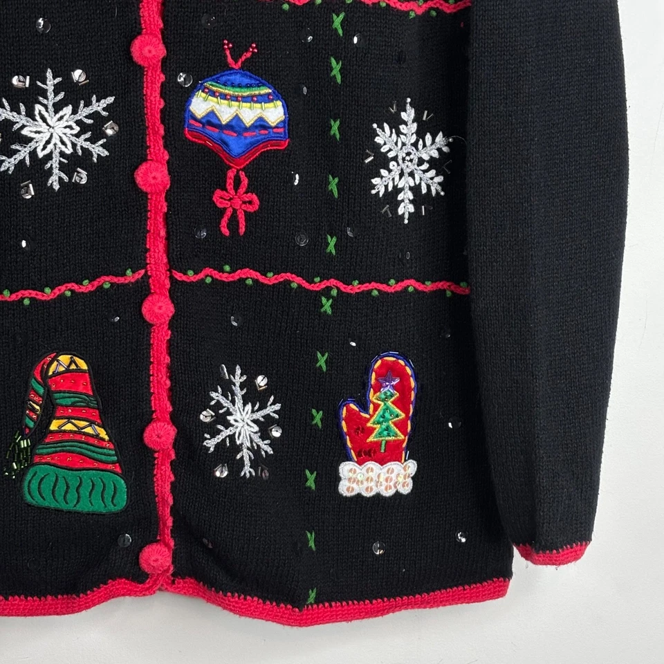 Cárdigan Suéter Navidad Feo Años 90 De Colección M Negro Cuentas Bordado Mitón Copo de Nieve Foto 4 de 4