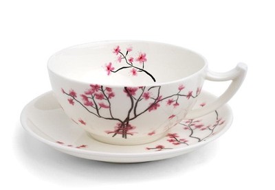 TeaLogic Cherry Blossom Tasse + Untertasse 0,18 l - Fine Bone China Porzellan