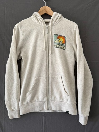 Techstyles Maui Hawaii Full Zip Hoodie Sweatshirt Mens Small Oatmeal Cream Graph