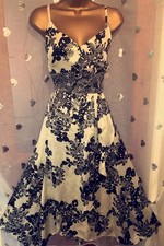 ✨ MONSOON Maci Ivory Black Floral Silk Fit Flare Holiday Occasion Dress Size 18