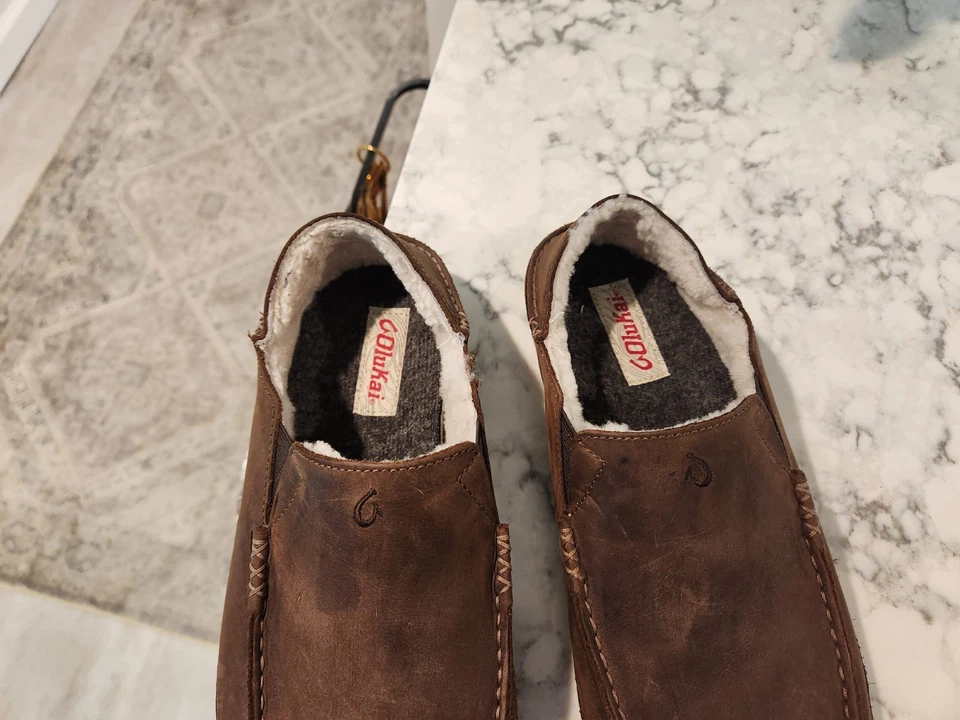 Zapatos Zapatilla Olukai Moloa Para Hombre Talla 9 Cuero Marrón Piel de Oveja Forrados Comodidad Foto 3 de 4