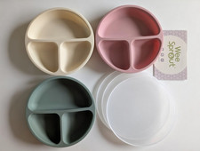 WeeSprout Silicone Divided Suction Plates Set of 3 with Lids - Green Cream Pin