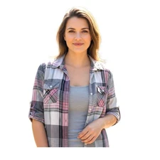 Croft & Barrow Petite Plaid Flannel Shirt Women Pink Gray Roll Tab Sleeve