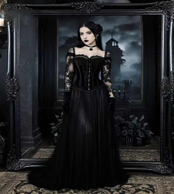 Cosplay Gothic Black Wedding Dresses  Long Sleeve Witchy Lace Bridal Gowns - Image 3 of 4
