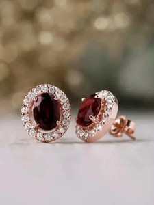 Authentic 2.00Ct Oval Cut Simulated Red Garnet Halo Stud Earrings 14K Rose Gold Plated