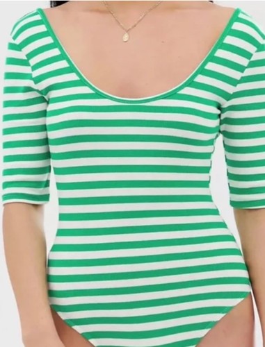 COLLUSION @ ASOS Women’s Green White Stripe Scoop Low Back Bodysuit Top UK 8/10 - Picture 2 of 5