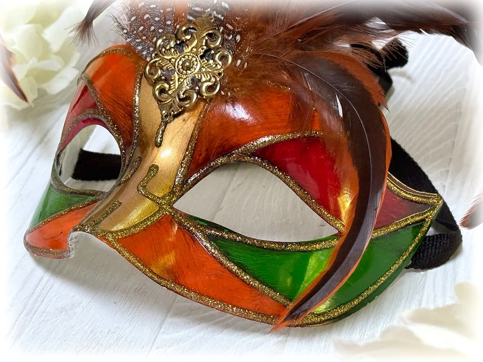 Mardi Gras Feathers Mask Venetian Carnival Masquerade Papier Mache Red Orange - Image 4 of 4
