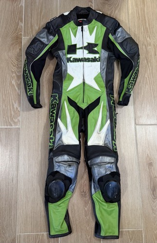 Kawasaki One Piece Leather Motorcycle Racing Suit Green Black White Mens Small