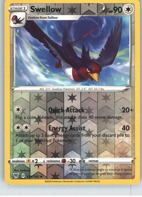 Swellow 134/185 Uncommon Vivid Voltage Pokemon Reverse Holo Moderately Played