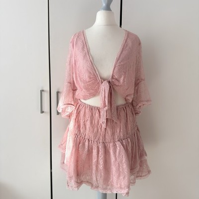 Free People La La Spitzen Minikleid Gr. XS rose transparent V-Ausschnitt Rüschen Boho Cut Out