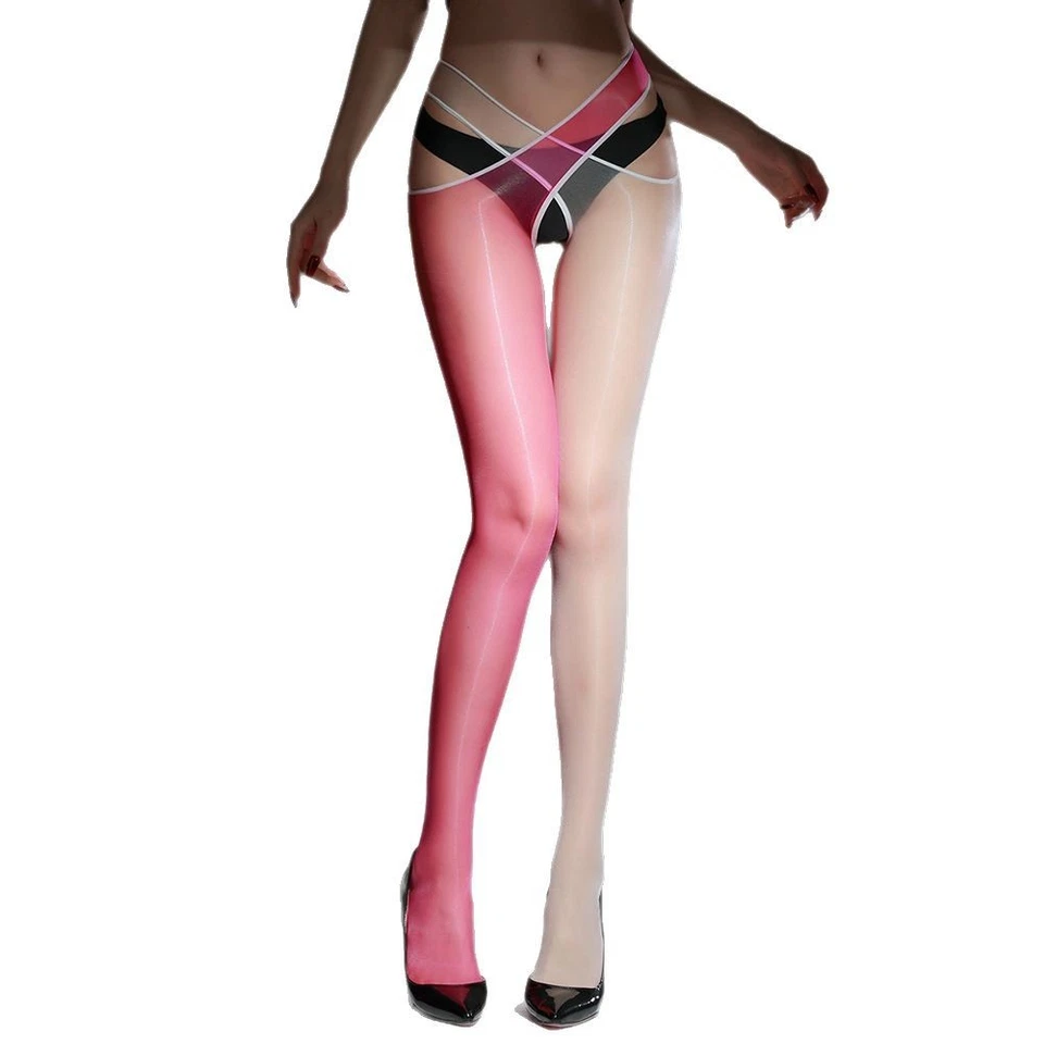 Unique Cross Waist Stockings Ultra Sheer Oily Shiny Pantyhose Crotchless Tights - Image 2 of 4